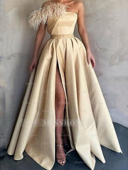 Sleeveless One-Shoulder Satin Prom Dress with Feather Slit A-Line Floor Length