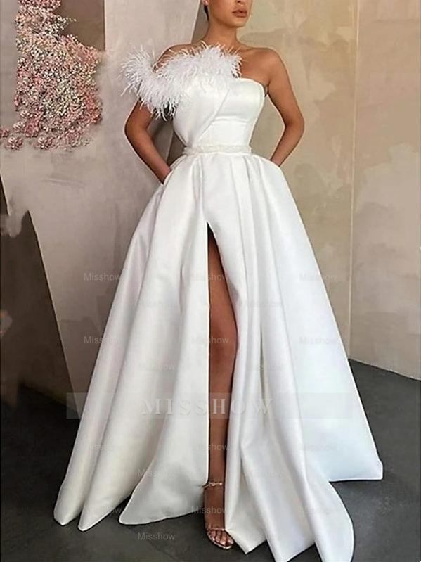 Sleeveless One-Shoulder Satin Prom Dress with Feather Slit A-Line Floor Length