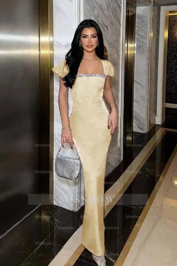 Sleeveless Square Neck Long Mermaid Formal Dress With Pleated Beading