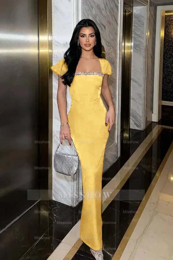 Sleeveless Square Neck Long Mermaid Formal Dress With Pleated Beading