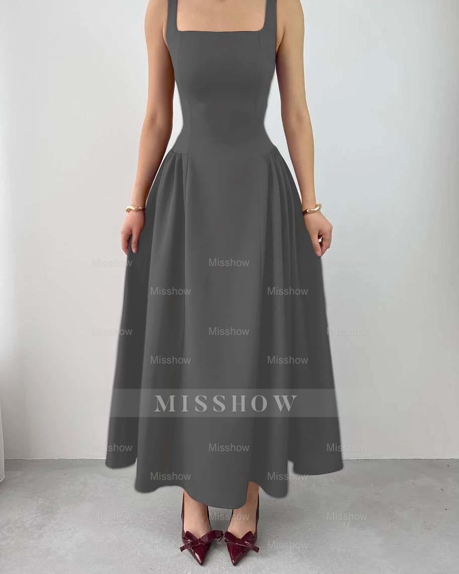Sleeveless Square Neck Straps Tea Length Formal Dress With Pleated