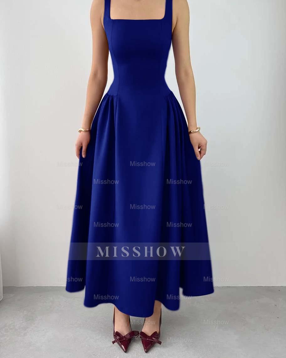 Sleeveless Square Neck Straps Tea Length Formal Dress With Pleated