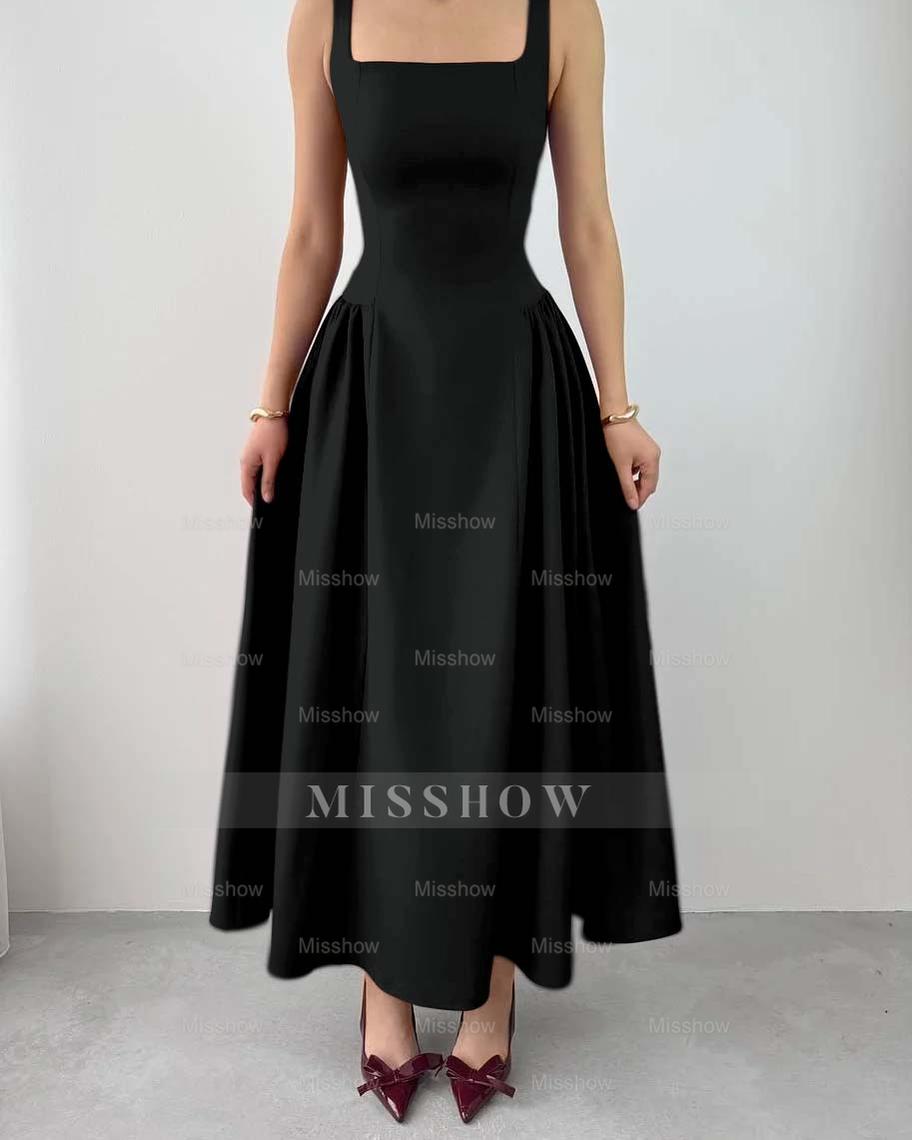 Sleeveless Square Neck Straps Tea Length Formal Dress With Pleated