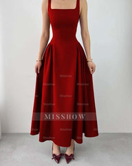 Sleeveless Square Neck Straps Tea Length Formal Dress With Pleated
