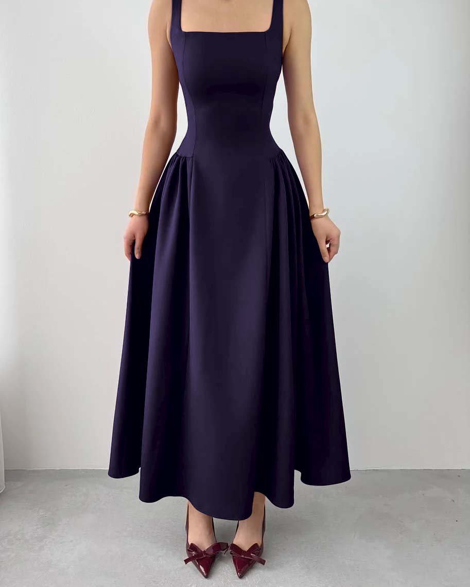 Sleeveless Square Neck Straps Tea Length Formal Dress With Pleated