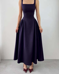 Sleeveless Square Neck Straps Tea Length Formal Dress With Pleated