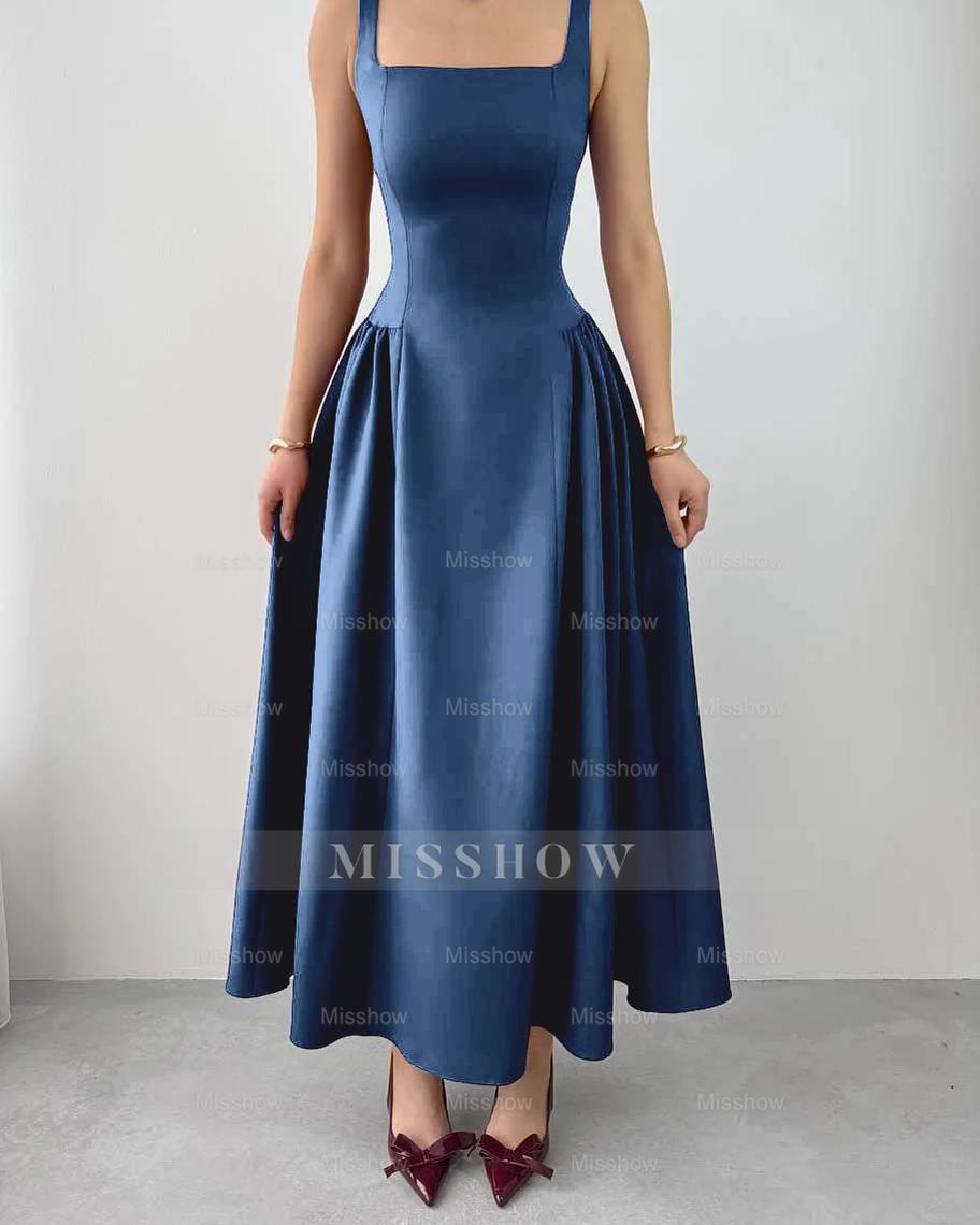 Sleeveless Square Neck Straps Tea Length Formal Dress With Pleated