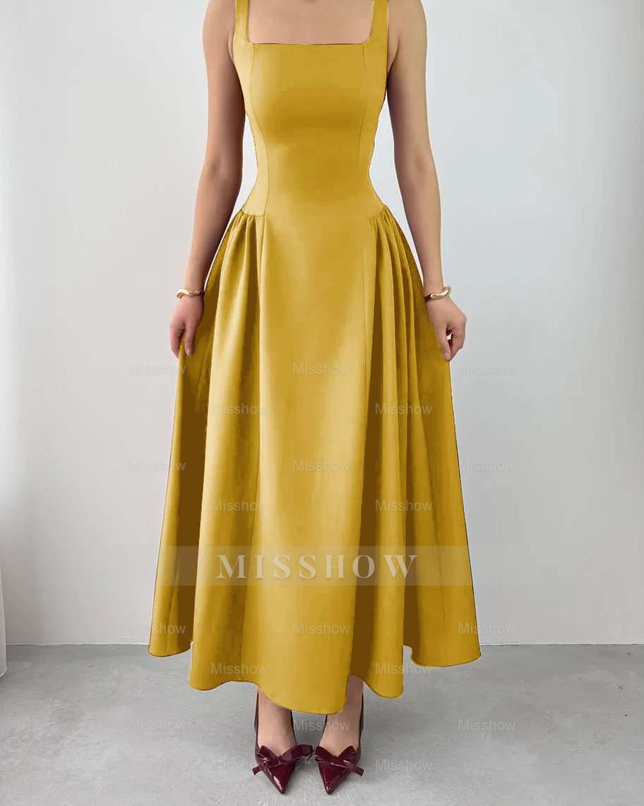 Sleeveless Square Neck Straps Tea Length Formal Dress With Pleated