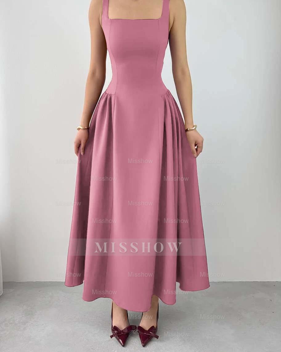 Sleeveless Square Neck Straps Tea Length Formal Dress With Pleated