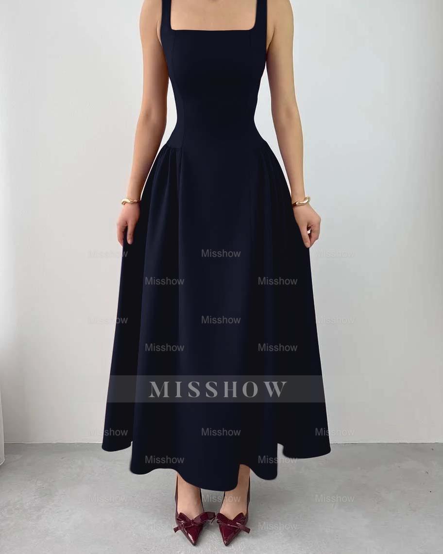 Sleeveless Square Neck Straps Tea Length Formal Dress With Pleated