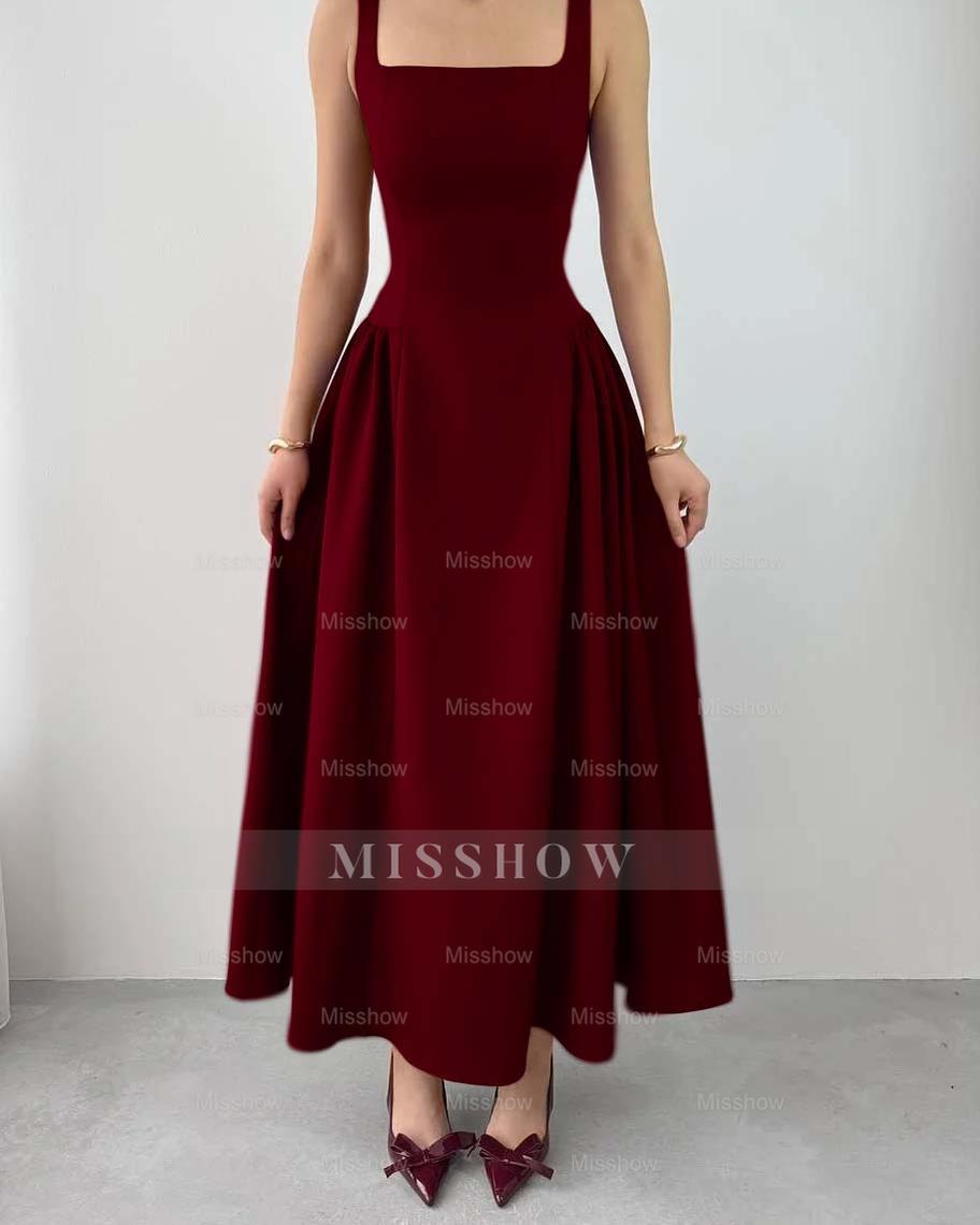 Sleeveless Square Neck Straps Tea Length Formal Dress With Pleated