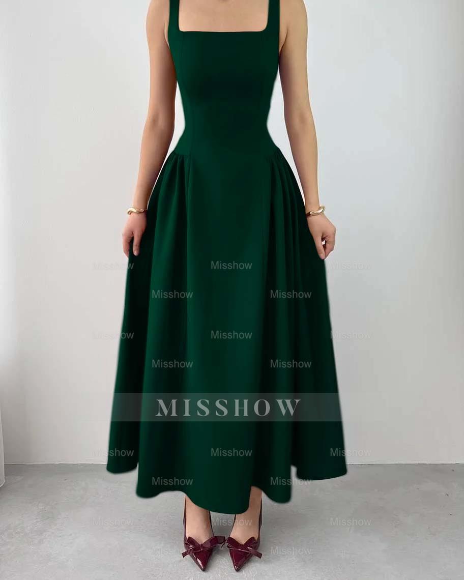 Sleeveless Square Neck Straps Tea Length Formal Dress With Pleated