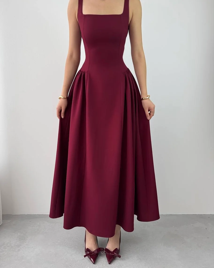Sleeveless Square Neck Straps Tea Length Formal Dress With Pleated