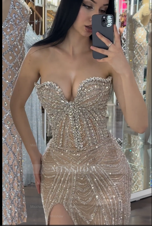 Sleeveless Strapless Beading Mermaid Long Formal Dress With High Split