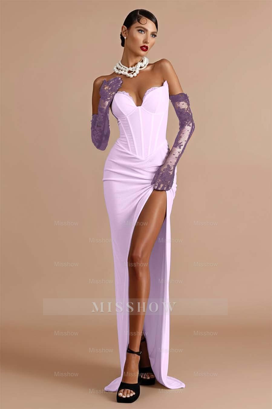 Sleeveless Strapless Long Mermaid Split Formal Dress With Gloves