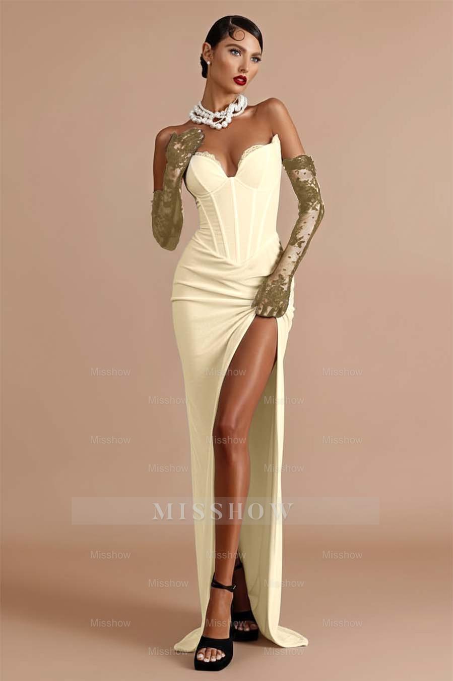 Sleeveless Strapless Long Mermaid Split Formal Dress With Gloves