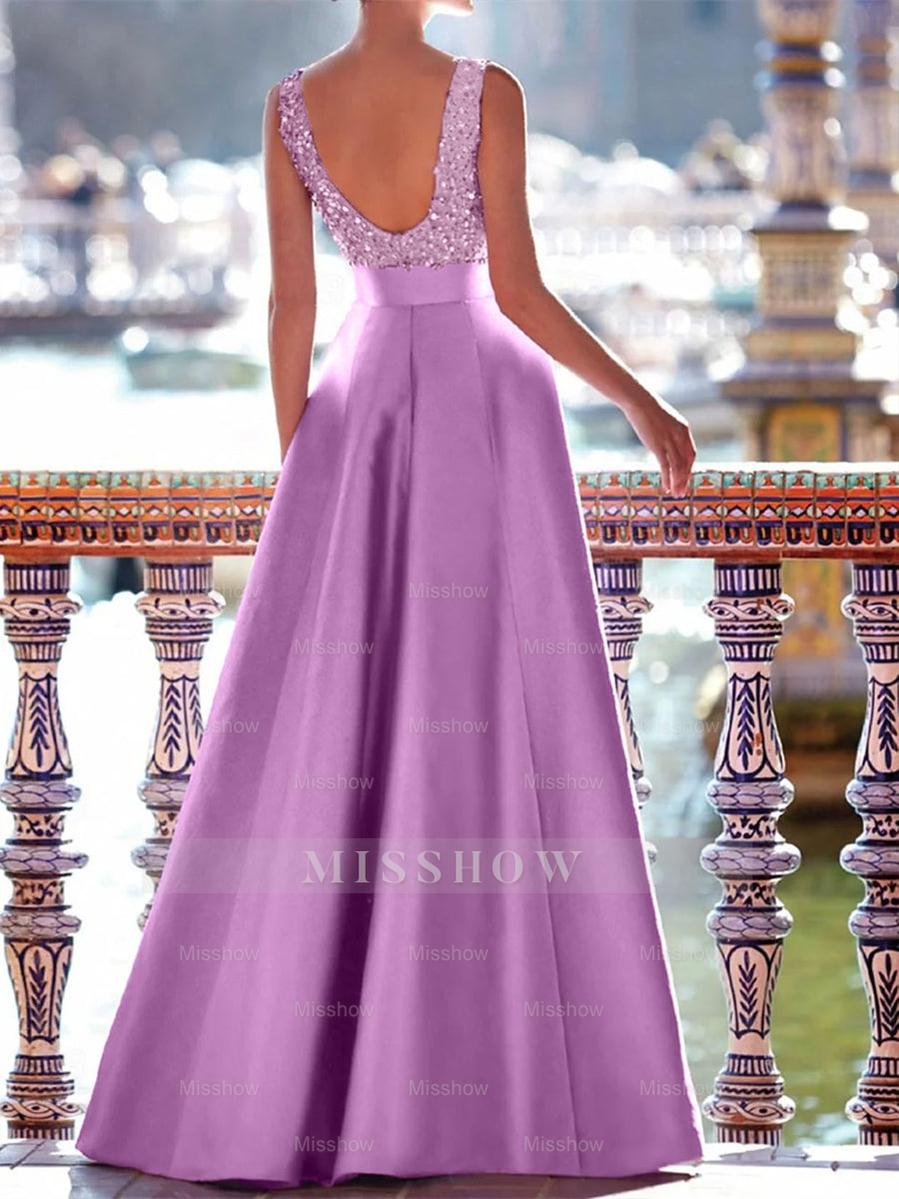 Sleeveless V-Neck A-Line Prom Dress with Pockets in Floor-Length Satin and Pearls