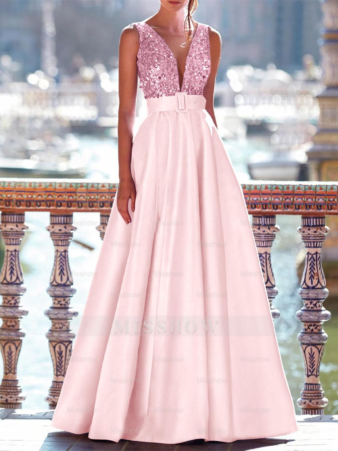 Sleeveless V-Neck A-Line Prom Dress with Pockets in Floor-Length Satin and Pearls