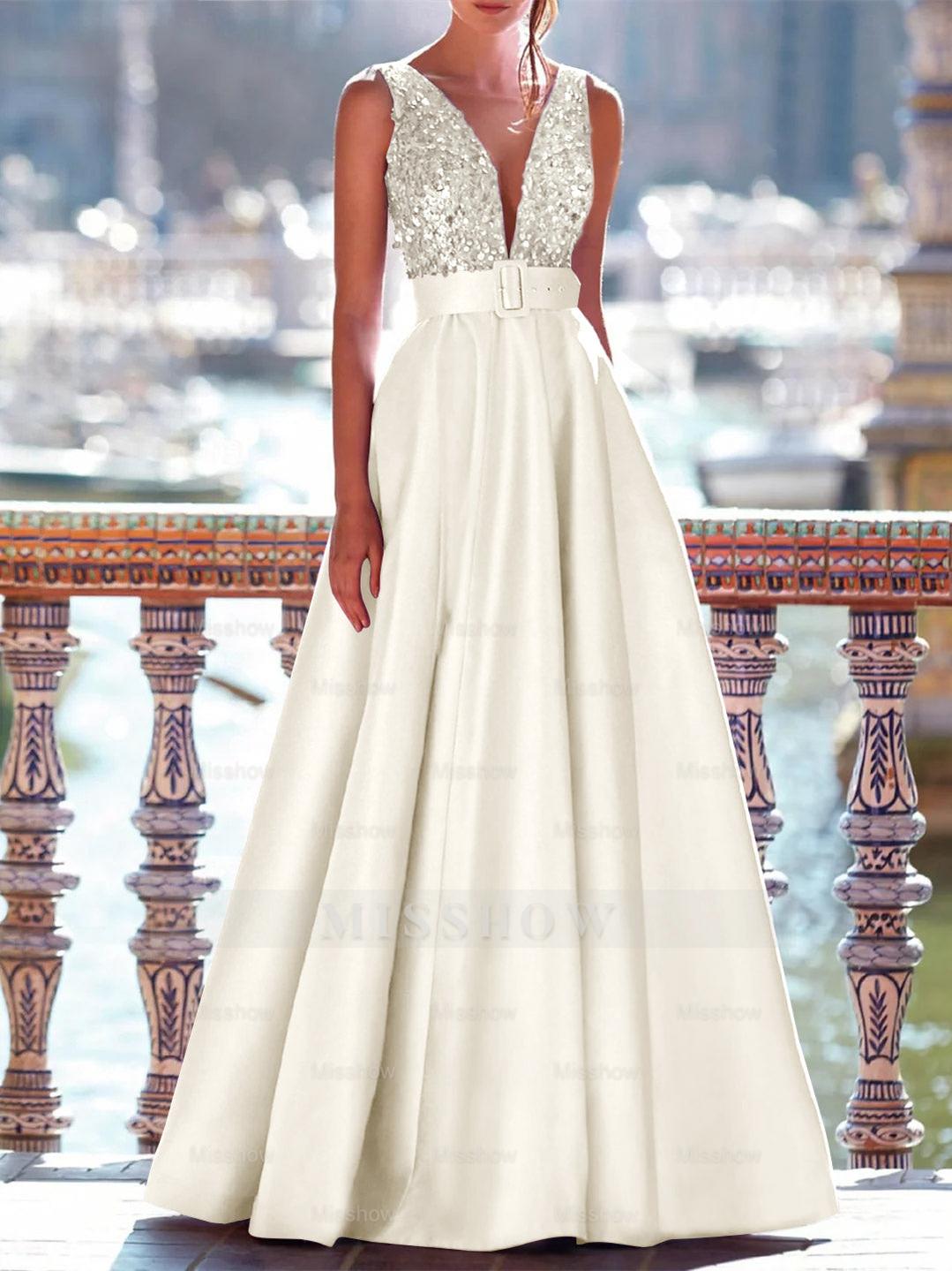 Sleeveless V-Neck A-Line Prom Dress with Pockets in Floor-Length Satin and Pearls