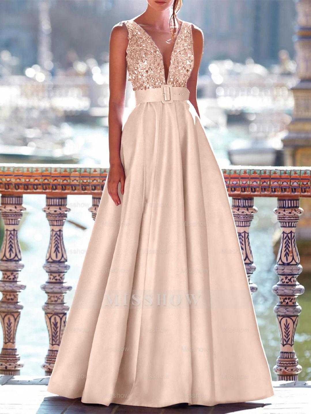 Sleeveless V-Neck A-Line Prom Dress with Pockets in Floor-Length Satin and Pearls