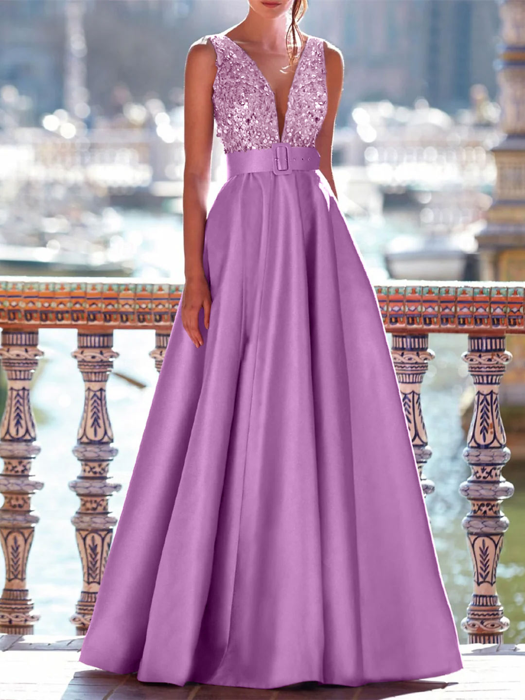 Sleeveless V-Neck A-Line Prom Dress with Pockets in Floor-Length Satin and Pearls