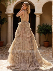 Sleeveless V-Neck A-Line/Princess Evening Dresses with Shiny Belt & Ruffles
