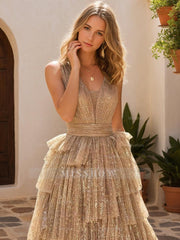 Sleeveless V-Neck A-Line/Princess Evening Dresses with Shiny Belt & Ruffles