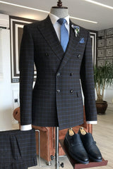 Slim Fit Black Double Breasted Peaked Lapel Business Suit with Blue Plaid