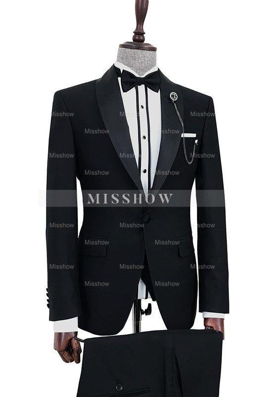 Sophisticated Black Shawl Collar One-Button Wedding Suit for Men