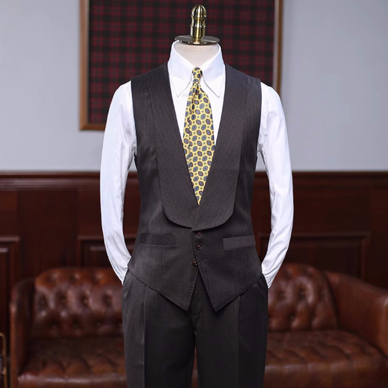 Sophisticated Black Striped Notch Lapel Three-Piece Business Suit