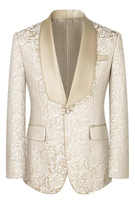 Sophisticated Champagne Shawl Lapel Three-Piece Jacquard Prom Suit