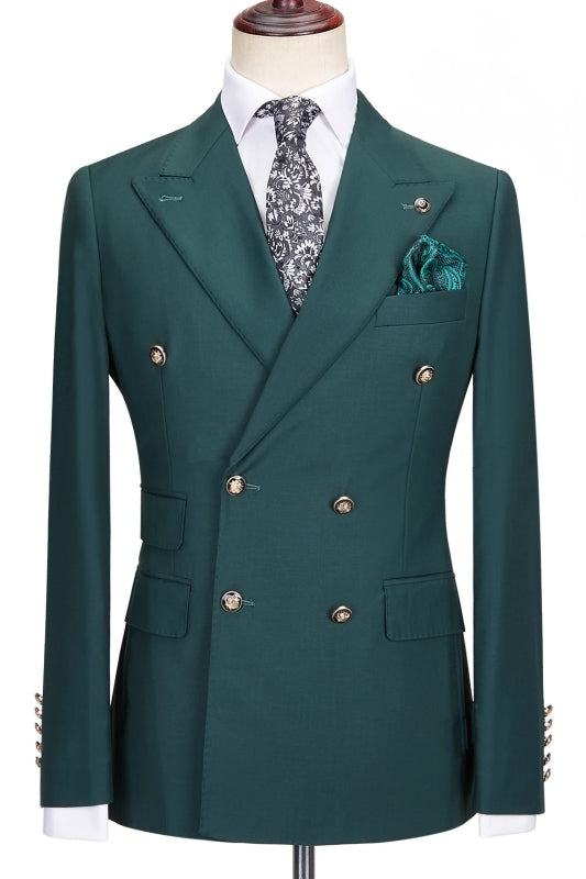 Sophisticated Dark Green Peak Lapel Double Breasted Prom Suit