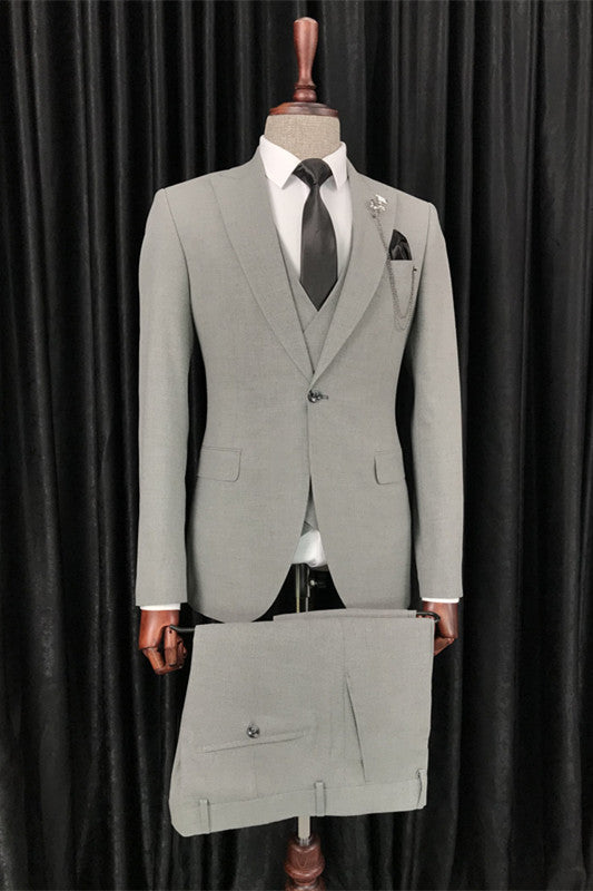Sophisticated Gray Peak Lapel Three-Piece Men's Business Suit