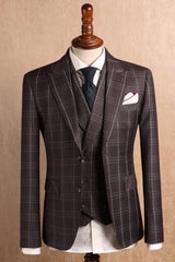 Sophisticated Mocha Peaked Lapel Three-Piece Plaid Prom Attire