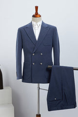 Sophisticated Navy Blue Double Breasted Peak Lapel Business Suit for Men