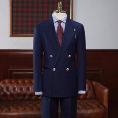 Sophisticated Navy Blue Peaked Lapel Double Breasted Prom Attire