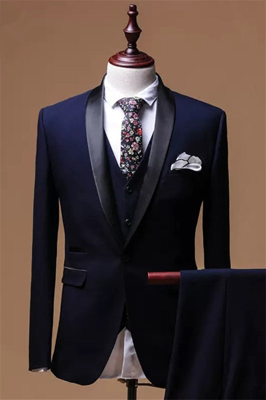 Sophisticated Navy Blue Shawl Collar Three-Piece Men's Formal Wear