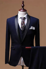Sophisticated Navy Blue Shawl Collar Three-Piece Men's Formal Wear