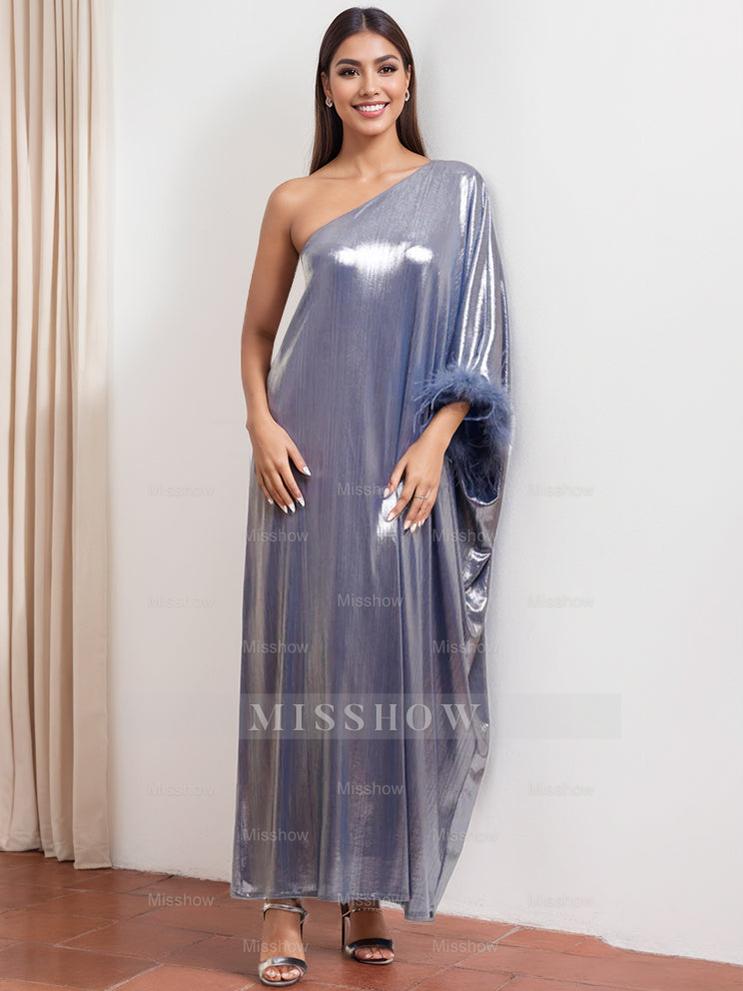 Sophisticated One-Shoulder Floor-Length Mother of the Bride & Groom Gown with Feather