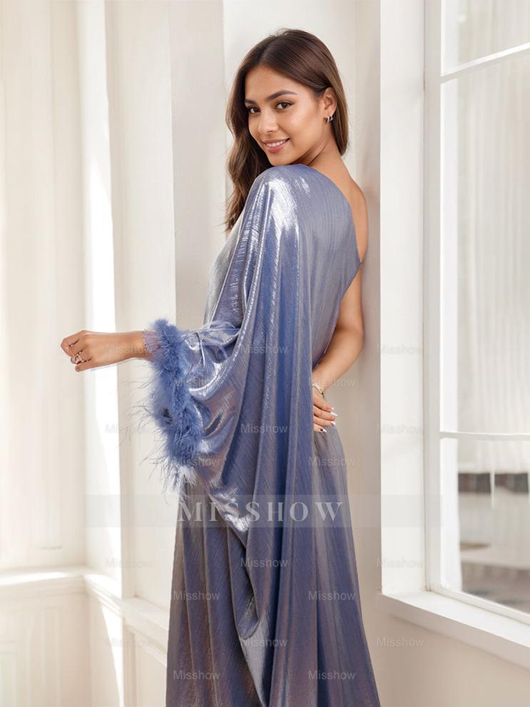 Sophisticated One-Shoulder Floor-Length Mother of the Bride & Groom Gown with Feather