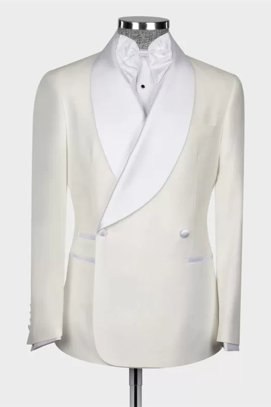 Sophisticated White Shawl Lapel Double Breasted Wedding Suit