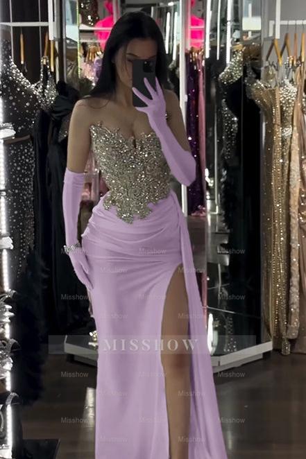 Sophisticated White Sleeveless Strapless Beaded Split Formal Dress With Gloves