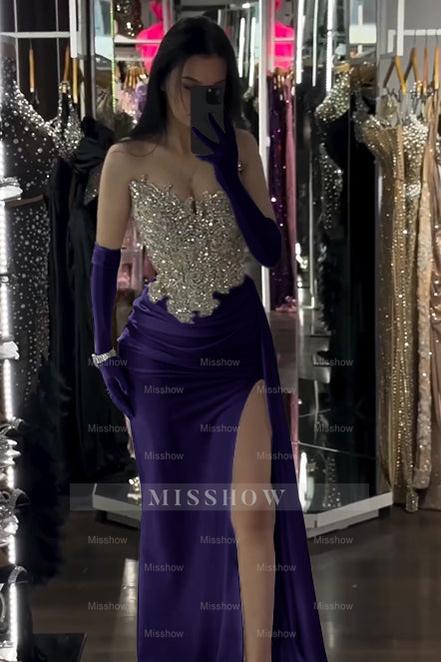 Sophisticated White Sleeveless Strapless Beaded Split Formal Dress With Gloves