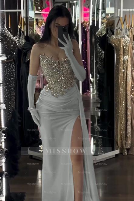 Sophisticated White Sleeveless Strapless Beaded Split Formal Dress With Gloves