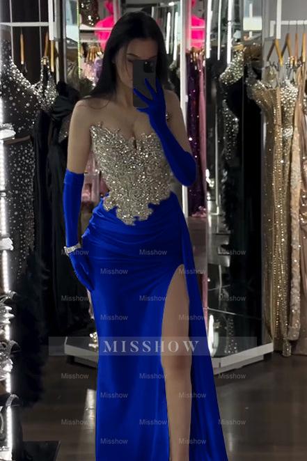 Sophisticated White Sleeveless Strapless Beaded Split Formal Dress With Gloves