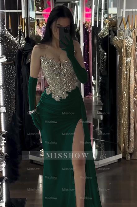 Sophisticated White Sleeveless Strapless Beaded Split Formal Dress With Gloves