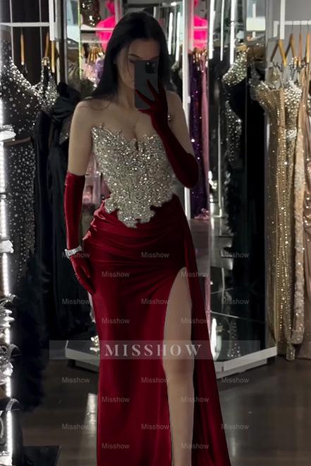 Sophisticated White Sleeveless Strapless Beaded Split Formal Dress With Gloves