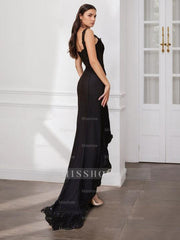Spaghetti Strap A-Line Princess Mother of the Bride Dress with Asymmetrical Hem Side Split & Lace Sequin Detail