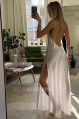 Spaghetti Strap Backless Sleeveless Long Split Formal Dress With Pleated