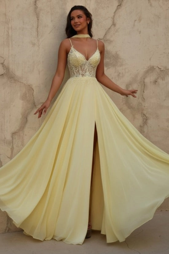 Yellow V-Neck Sleeveless Lace A-Line Chiffon Split Front Floor Length Formal Evening Gown